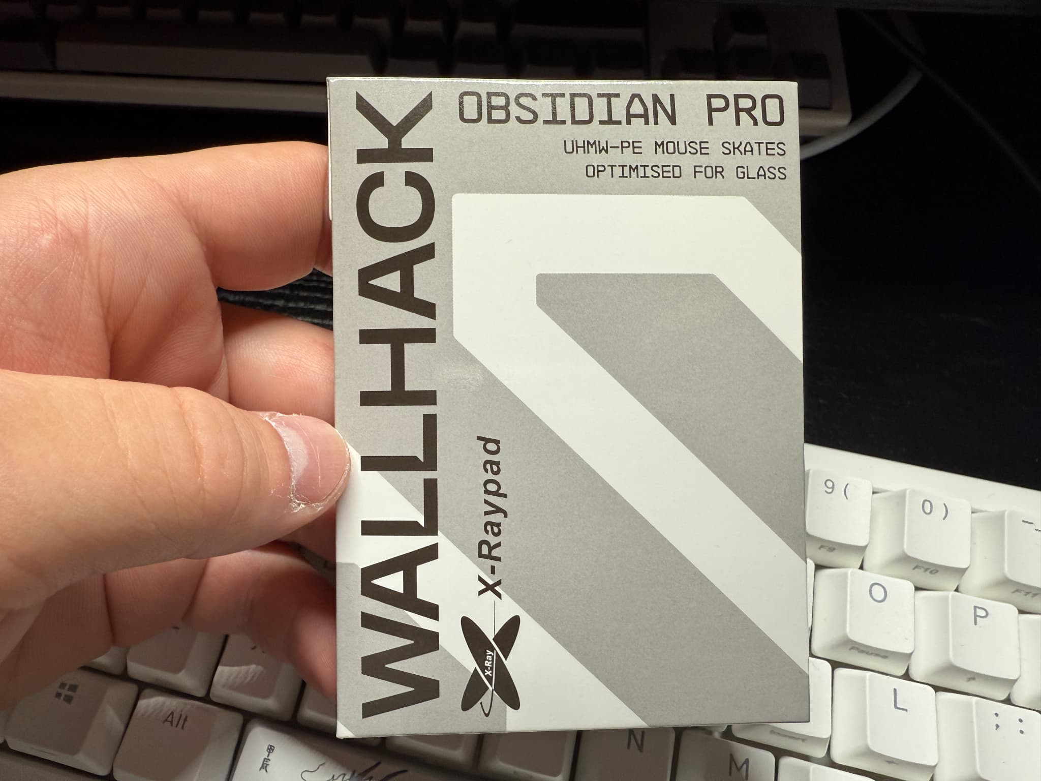 手に持たれたマウスソールWALLHACKの箱