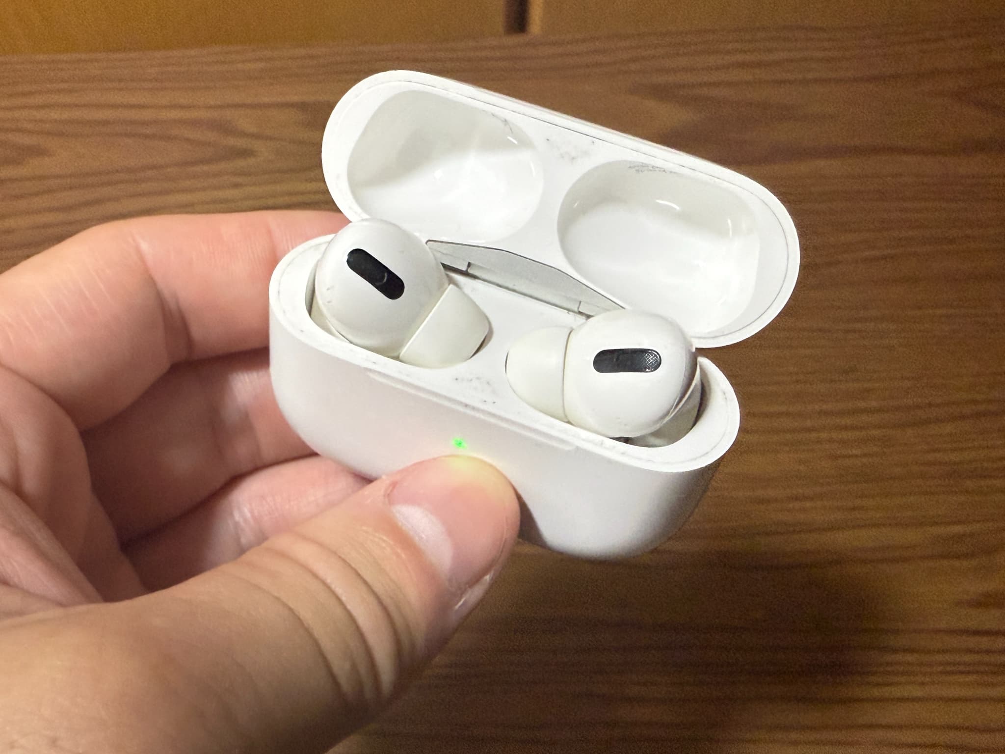人が持つ、ふたが開いたイヤホンケース