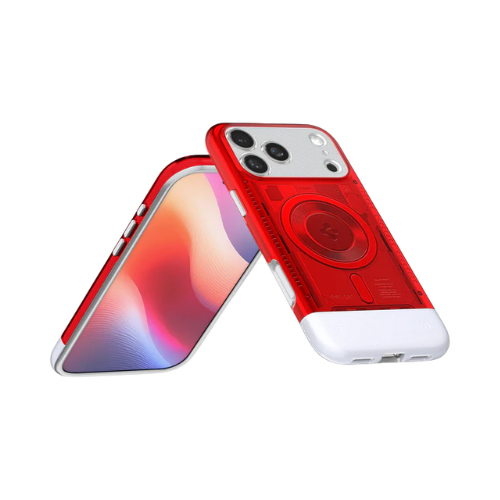 赤いスマホケースをつけたスマートフォン