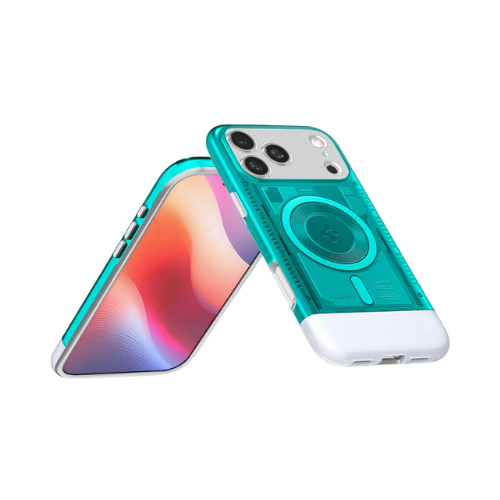 スマホに取り付けられた水色と白のスマホケース